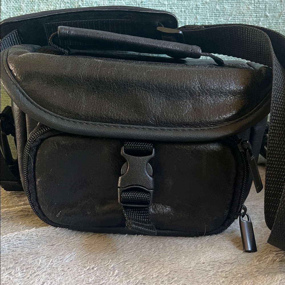 Camera Bag Black Leather Compact adjustable Crossbody